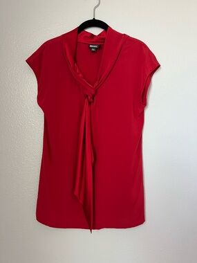 DKNY Red Tie-Neck Cap Sleeve Silk Blend Blouse